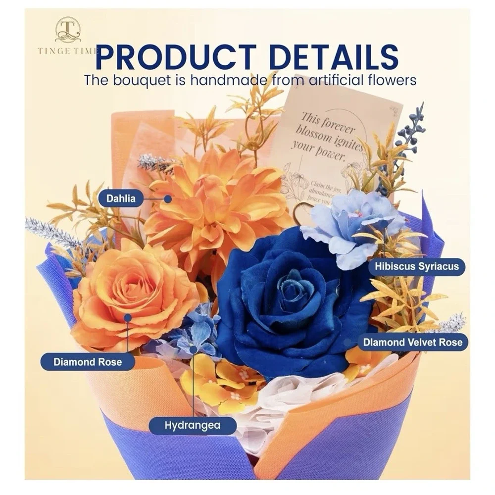 Tinge Time Preserved Flowers Bouquet Orange & Navy Blue Roses ,16 X 12